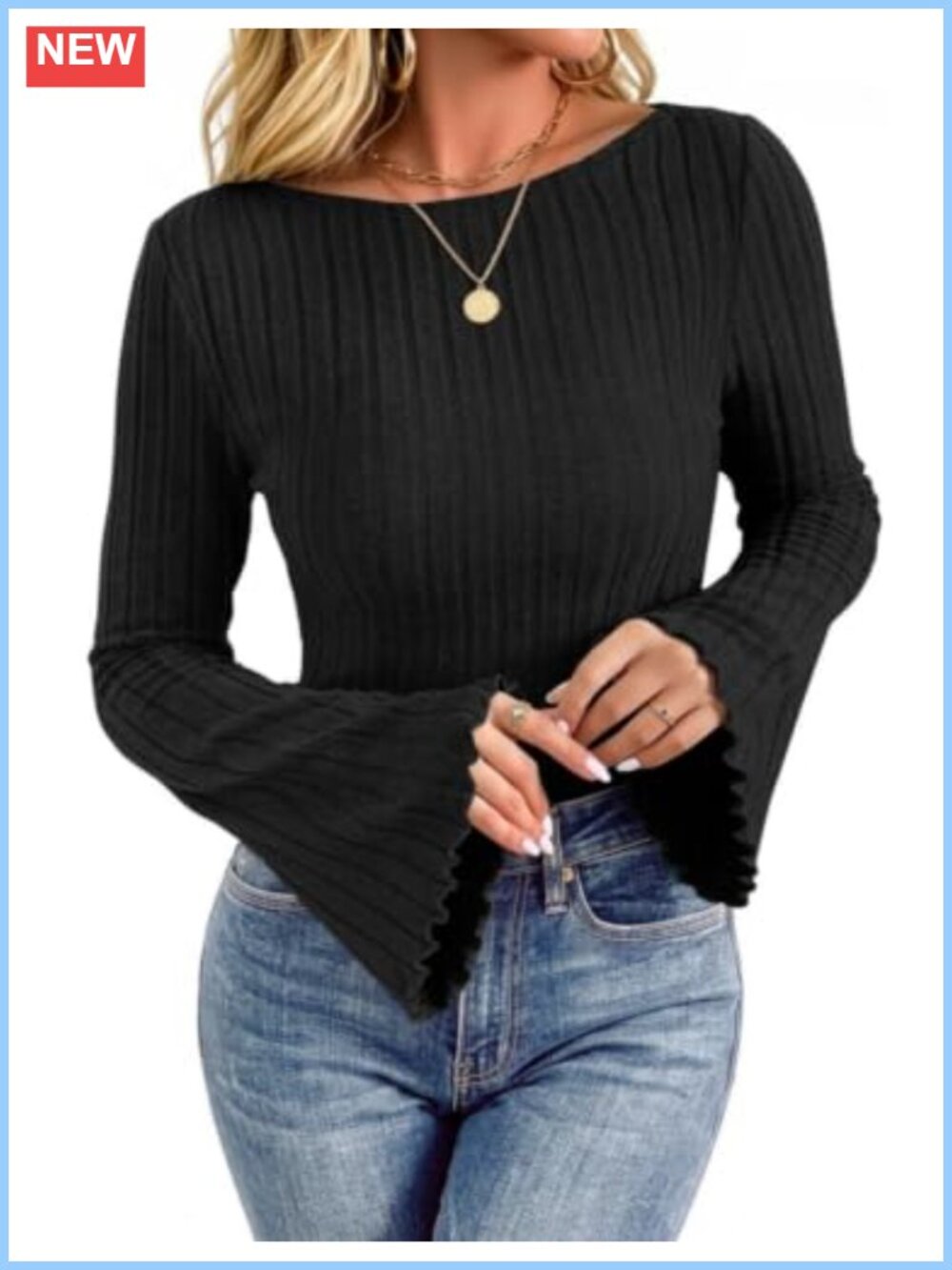 Women's Bell Sleeve Sweater Boat Neck Lightweight Knit Pullover Top